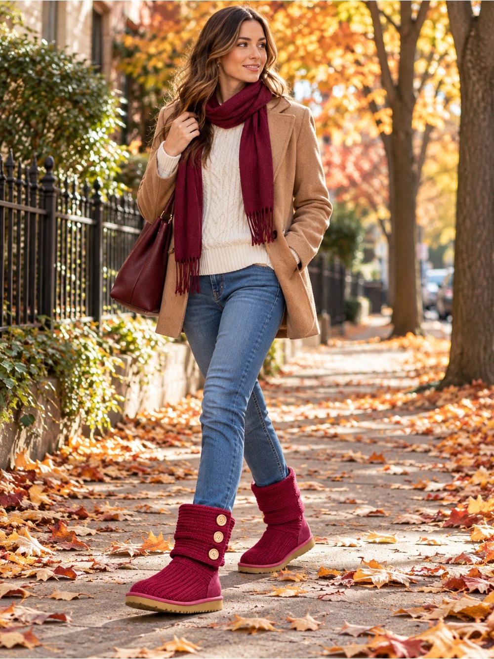 UGG Australia Lattice Cardy Burgundy Knit Boots Wood-tone Buttons